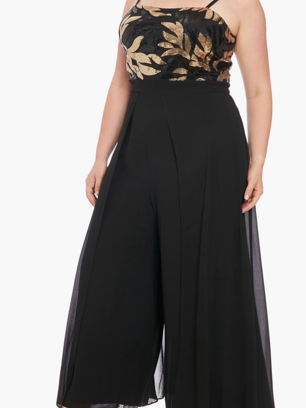 London Times Sequin Combo Overlay Wide Leg Jumpsuit